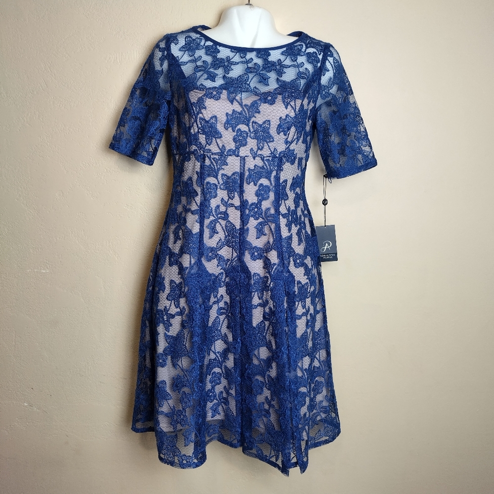 Adrianna Papell Embroidered Lace Flared Dress‎ navy blue Size 8 M $119
